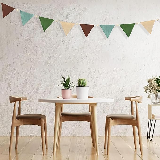 2 Sets of Green Brown Beige Wood Beads Pennant Banner 20pcs Flags Nursery Garland Fabric Linen Triangle Streamers for Kids Jungle Woodland Camping Birthday Party Decorations Baby Shower Bedroom Decor