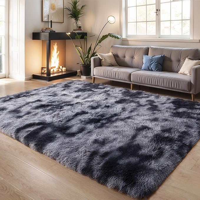 Thick Area Rug Dark Grey Fluffy 4x6 for Bedroom Living Room Washable Plush Rug for Kids Baby Nursery Soft Shag Non Slip Comfy Shaggy Rugs for Dorm Fuzzy Floor Carpet, Tie-Dye Gray