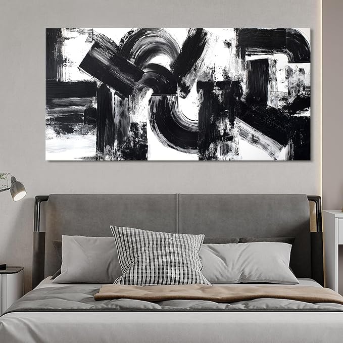Black White Abstract Wall Art for Living Room, Modern Brushstroke Canvas Painting Artwork for Walls, Minimalist Black Geometric Curves & Blocks Pictures for Bedroom, Kitchen, Office Wall Decor 23"x46"
