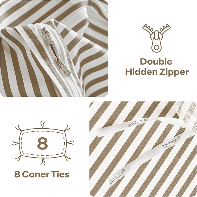 JELLYMONI 100% Natural Cotton 3pcs Striped Duvet Cover Sets,White Duvet Cover with Khaki Stripes Pattern Printed Comforter Cover,with Zipper Closure & Corner Ties(Queen Size)