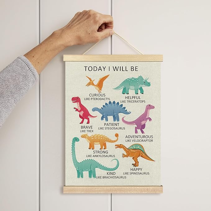BCUANGD Dinosaurs Dino Wall Decor - Toddler Baby Boys Room Wall Art Poster Hanger with Wood Frames, Inspirational Mental Health Wall Hanging Canvas Decor for Kids Room Nursery Bedroom, 12x16 Inches
