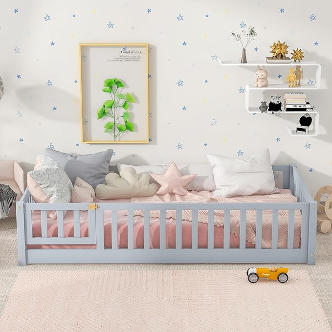 Bellemave Twin Size Floor Bed Frame with Fence and Door for Kids, Montessori Floor Bed with Slats and Safety Guardrails,Solid Wood Twin Bed Frame for Girls Boys,Grey