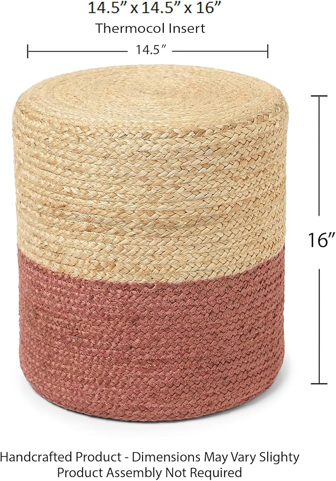 REDEARTH · Cylindrical Pouf Foot Stool Ottoman - Jute Braided Pouffe Poof Accent Sitting Footrest for Living Room, Bedroom, Nursery, Patio, Lounge Set of 2 (Natural Rust, 14.5"X14.5"X16")