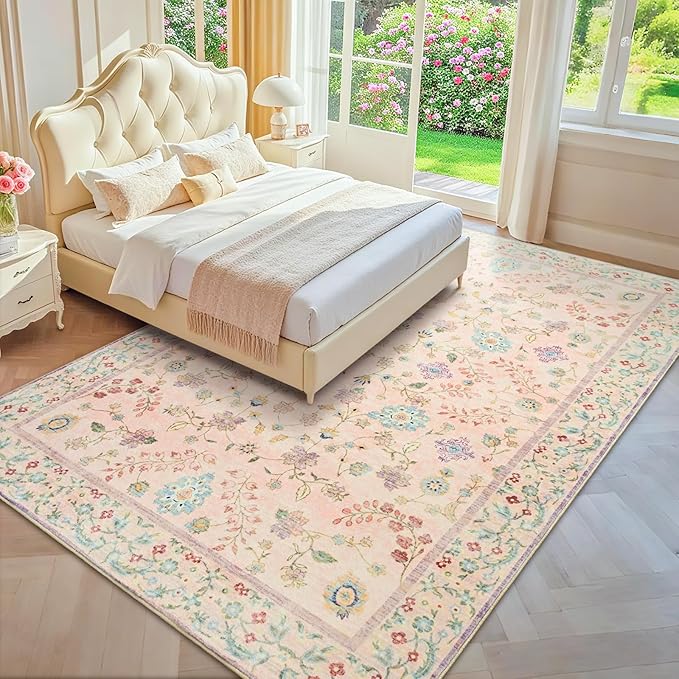 6x9 Rugs for Living Room, Pink Washable Floral Area Rug for Bedroom, Soft Non Slip Indoor Low Pile Carpet for Kitchen Dining Room, Large Boho Throw Carpets for Nursery Office Dorm Playroom Home Decor