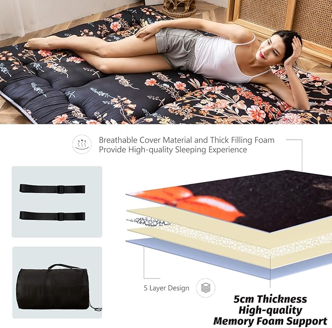 MAXYOYO Black Floral Japanese Futon Floor Mattress, Bed Mattress Topper Portable Thick Sleeping Pad Floor Bed Roll Up Camping Mattress Folding Couch Bed Mattress Pad for Guest Room King
