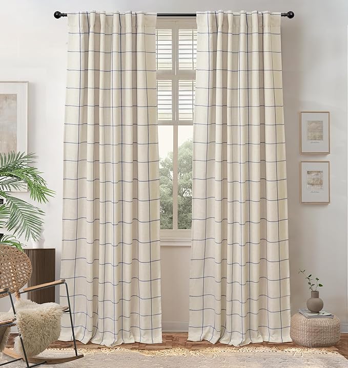DriftAway 2 Panels 100% Blackout Windowpane Plaid Linen Curtains Double Layer Drapes for Bedroom 102 Inches Long Farmhouse Thermal Insulated 3.25 Inch Rod Pocket Back Tab for Living Room Navy