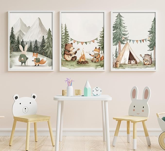 Woodland Animal Nursery Canvas Wall Art Fox Bear Rabbit Hedgehog Paintings Pictures Safari Nursery Wall Decor Forest Animals Camping Campfire Poster Print Artwork for Boys Kids Room Home Decoration