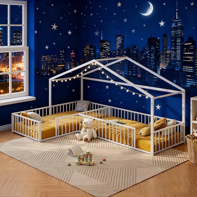 Double Twin Size L-Shaped Floor Bed,Metal Corner House Bed Frame with Fence,House-Style Floor Bed for 2 Kids,Without Slats,White