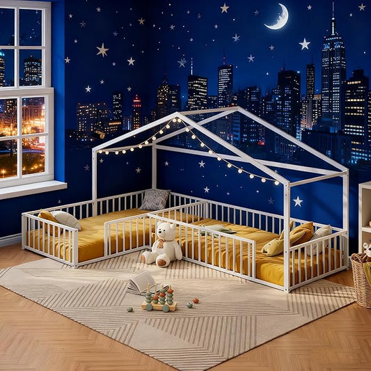 Double Twin Size L-Shaped Floor Bed,Metal Corner House Bed Frame with Fence,House-Style Floor Bed for 2 Kids,Without Slats,White