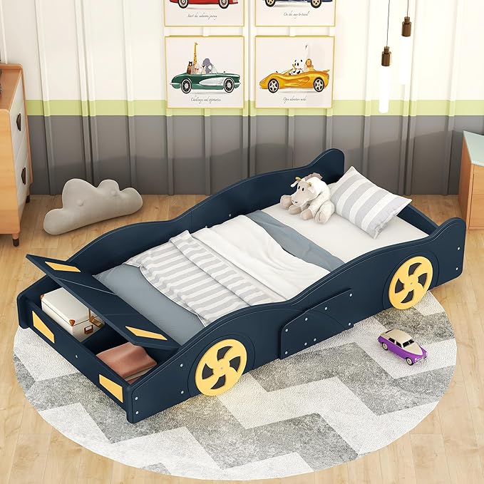 Harper & Bright Designs Twin Size Race Car-Shaped Platform Bed with Wheels and Storage, Dark Blue+Yellow