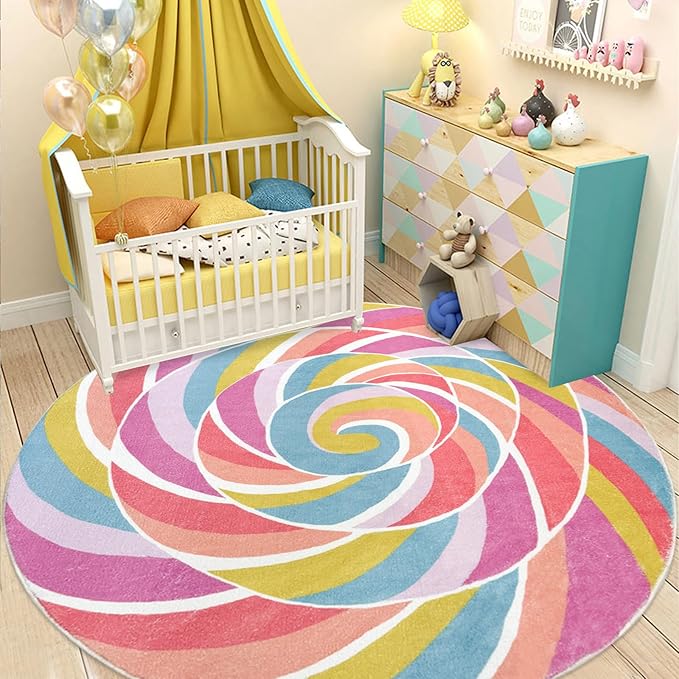 Kids Rug Play Mat 6Ft Round Rainbow Lollipop Girls Bedroom Carpet, Large Circle Candy Classroom Playroom Area Rug for Children, Cute Nursery Mat for Candyland Party Decorations