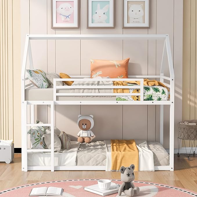 MERITLINE Metal Bunk Bed Twin Over Twin Size House Shaped Bunk Bed Frame Low Bunk Beds for Kids and Toddlers, Twin Size