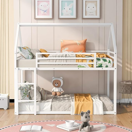 MERITLINE Metal Bunk Bed Twin Over Twin Size House Shaped Bunk Bed Frame Low Bunk Beds for Kids and Toddlers, Twin Size