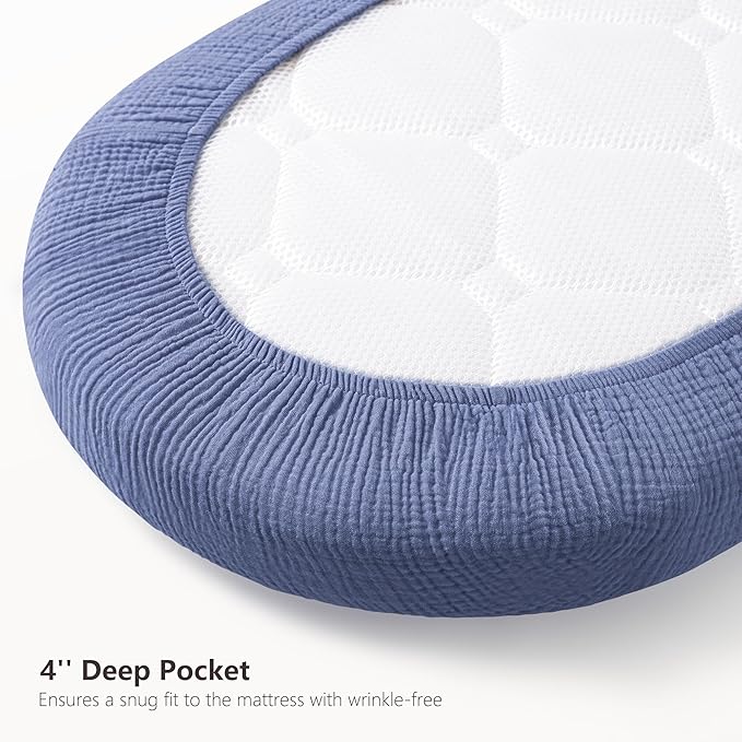 Bearmoss Bassinet Sheets - 2 Pack Muslin Cotton Bassinet Sheets Fits Oval and Rectangle Bassinet Mattress, Breathable and Skin-Friendly for Baby Boy and Girl (Blue Moon&Royal Blue)