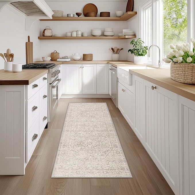 Fmfunctex 2x6 Hallway Runner Rug Beige Vintage Neutral Washable Distressed Non Slip Low Pile Traditional Indoor Carpet Soft Retro Entryway Rug for Kitchen Living Room Bedroom Bathroom Laundry Entrance
