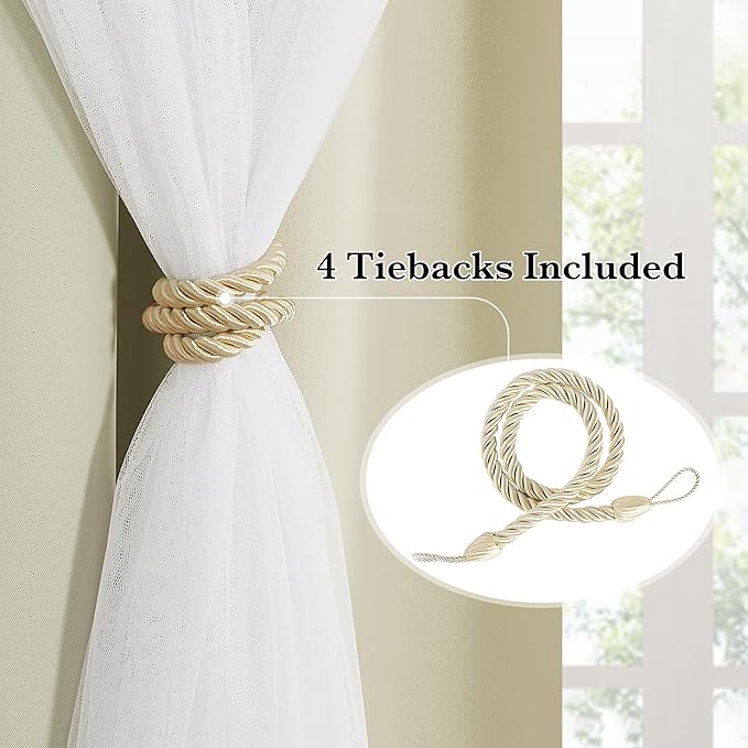 PONY DANCE Double-Layered Curtains - Blackout Curtains 63 Inch Length, Grommet Top Design White Sheer Panels for Bedroom/Living Room (W52xL63, Beige, One Pair, with Free Tie-Backs)