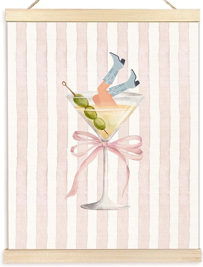 BESERH Coquette Cowgirl Martini Wall Art Posters, Cocktail Bar Wall Decor, Preppy Bow Pink Striped Aesthetic Martini Cocktail Canvas Prints Artwork Framed for Bar Pub Girls Dorm, 12x16 Inch