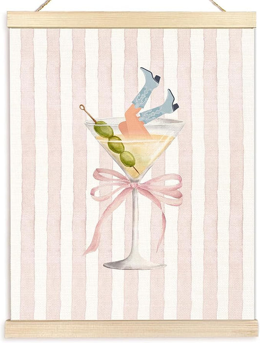 BESERH Coquette Cowgirl Martini Wall Art Posters, Cocktail Bar Wall Decor, Preppy Bow Pink Striped Aesthetic Martini Cocktail Canvas Prints Artwork Framed for Bar Pub Girls Dorm, 12x16 Inch