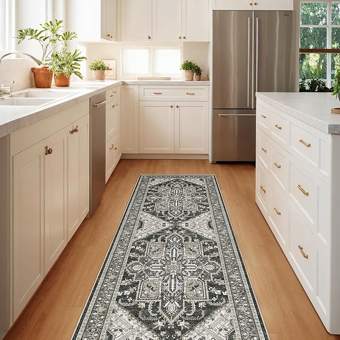 WITSHOCK Boho Area Rugs Machine Washable for Living Room Bedroom, 2x6 Vintage Non-Slip Stain Resistant Floor Carpet Indoor for Bedroom Kitchen Entryway Bathroom, Bitter Black