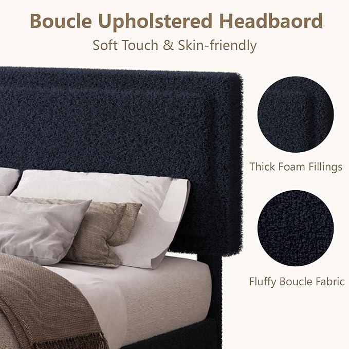 King Size Bed Frame and Headboard, Boucle Upholstered Platform Cloud Bed Frame with Headboard, Soft Teddy Fabric, Modern Style, No Box Spring Required, Easy Assembly, Blue-Black