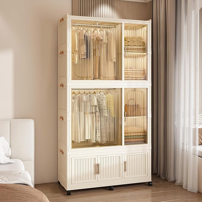 Portable Closet Wardrobe, Foldable Clothes Organizer with 9 Cubes Storage, Easy Assemble Clothing Organizer with Magnet Doors, Wardrobe Storage Cabinet for Kids,Baby,Adult (36" L x 77" H)