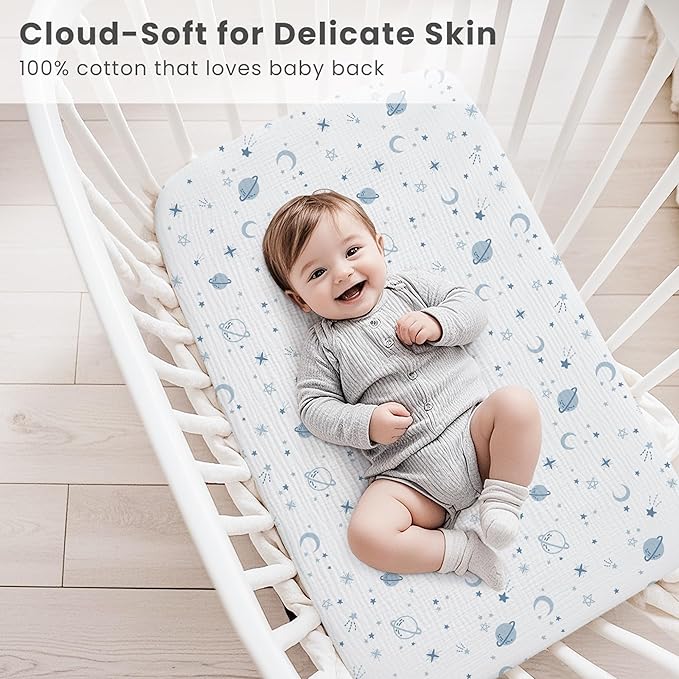 Konssy 2 Pack Muslin Bassinet Sheets for Baby Boy, 100% Cotton Soft Bedside Sleeper Bassinet Sheets, Compatible with Baby Delight, Dream On Me, AMKE and Other Rectangle Mattress (Star,Blue)