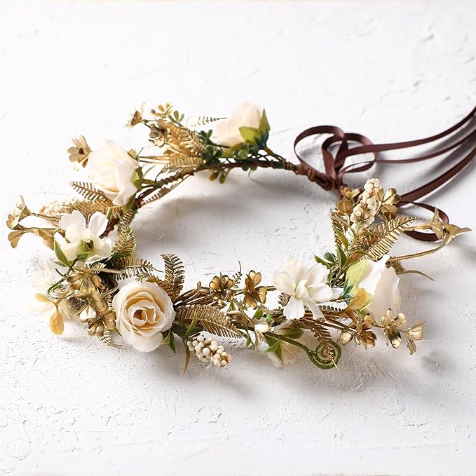 Vintage Rose Flower Crown - Golden Leaves White Classic Flower Headband Fairy Elegant Floral Headpiece for Women Girls Christmas Mucic Festivals Photo Prop