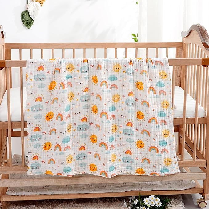 Muslin Swaddle Blankets 6-Layer Cotton Baby Blankets for Boys & Girls 43"X43"Inches Receiving Blankets,Soft Skin-Friendly Baby Crib Blanket,Breathable Quilt Bedspread(Sunny)