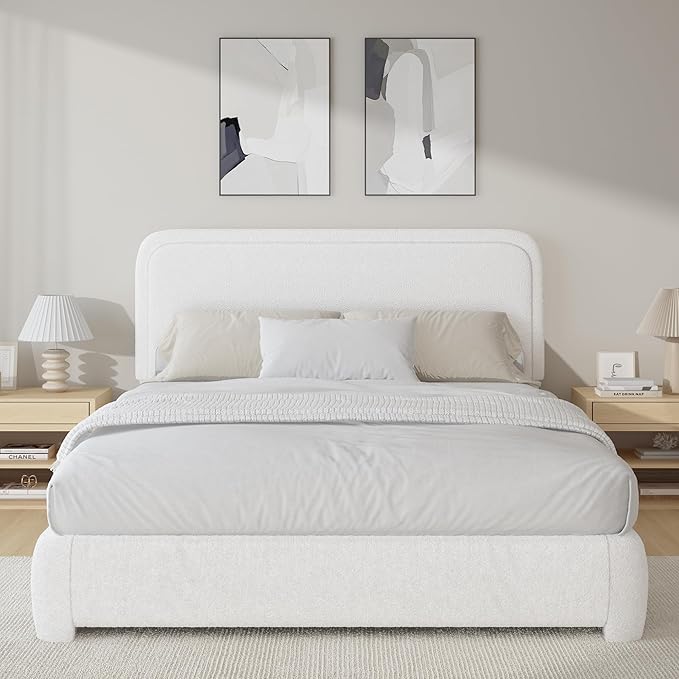 BarnFurin Queen Bed Frame with Headboard, Boucle Upholstered Platform Bed Frame, Luxurious Soft Rounded Corners, No Box Spring Required, Easy Assembly, White
