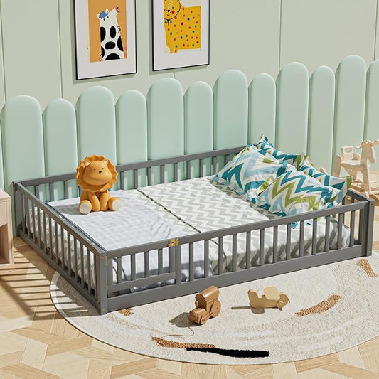 i-POOK Queen Floor Bed for Children, Sturdy Wood Montessori Bed Frame with Wood Slats, Fence & Door, Montessori Floor Bed for Girls and Boys, Gray