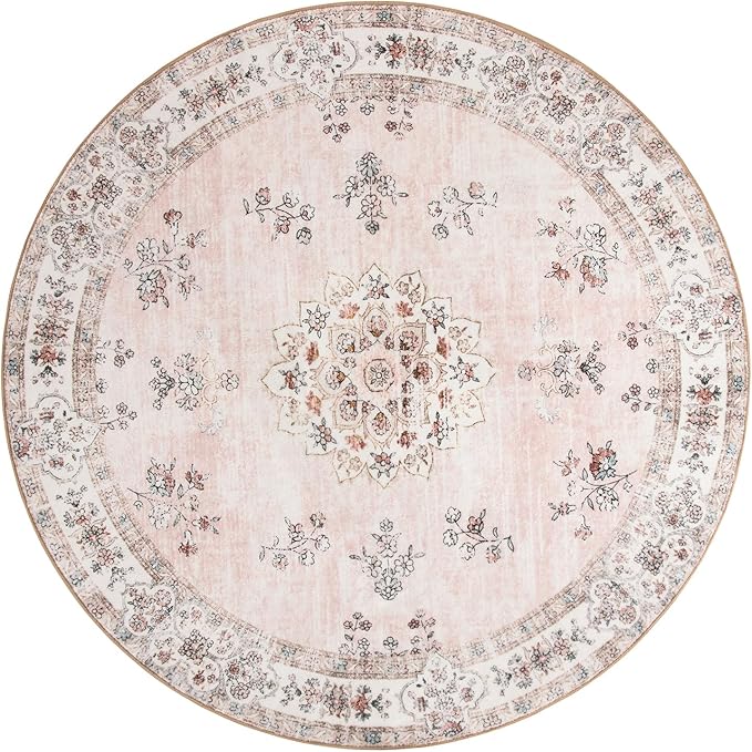 Lahome Washable Pink Round Rug 8ft, Soft Europe Vintage 8x8 Circle Rug for Nursery Girls Bedroom,Non-Slip Floral Pastel Circular Carpet for Dining Room Floor Home Office Decor