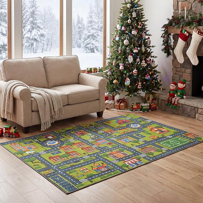 Merelax 3x5 Kids Car Area Rug, Grey Green Area Road Rugs for Living Room Playroom Classroom Bedroom, Non Slip Kids Play mat, Washable Rug, Educational City Traffic Map Fun Car Carpet for Ages 3-12
