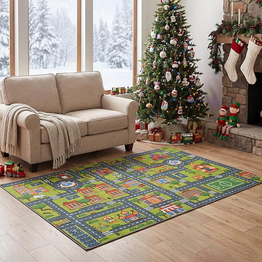 Merelax 3x5 Kids Car Area Rug, Grey Green Area Road Rugs for Living Room Playroom Classroom Bedroom, Non Slip Kids Play mat, Washable Rug, Educational City Traffic Map Fun Car Carpet for Ages 3-12