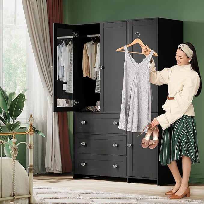 VOWNER Armoire Wardrobe Closet with Drawers and Mirror, 71" Clothing Storage Cabinet with Hanging Rod, 4 Doors Wooden Wardrobe Cabinet for Bedroom, Large Capacity Storage