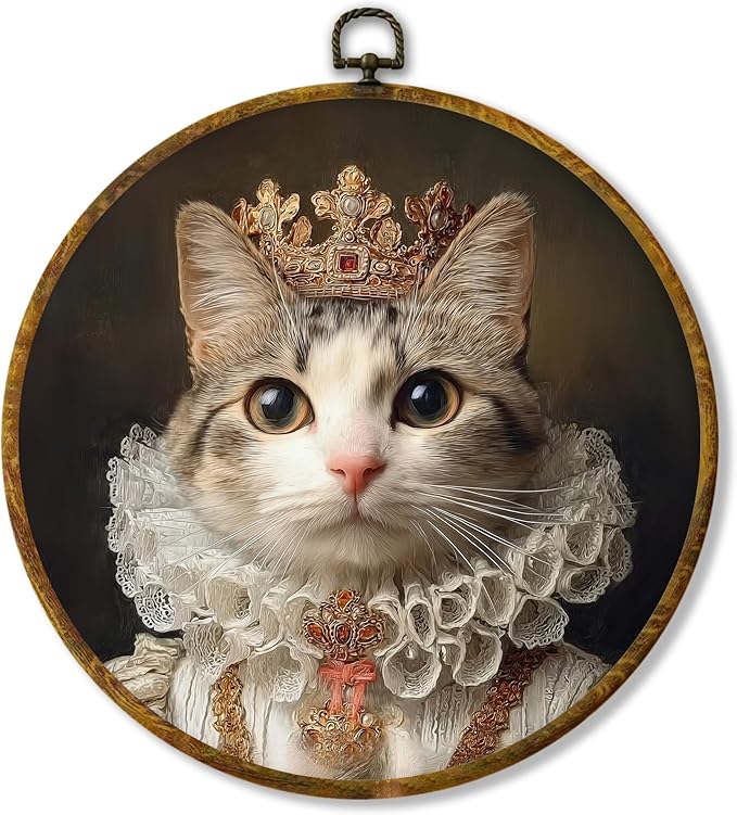Hiuwevt Cat Renaissance Style Wall Art Decor, Cat Mom Lovers Gifts for Women Framed Canvas Prints, King Kitten Round Wall Hanging Decor for Home Bedroom Living Room Decorations, 10x10 Inches
