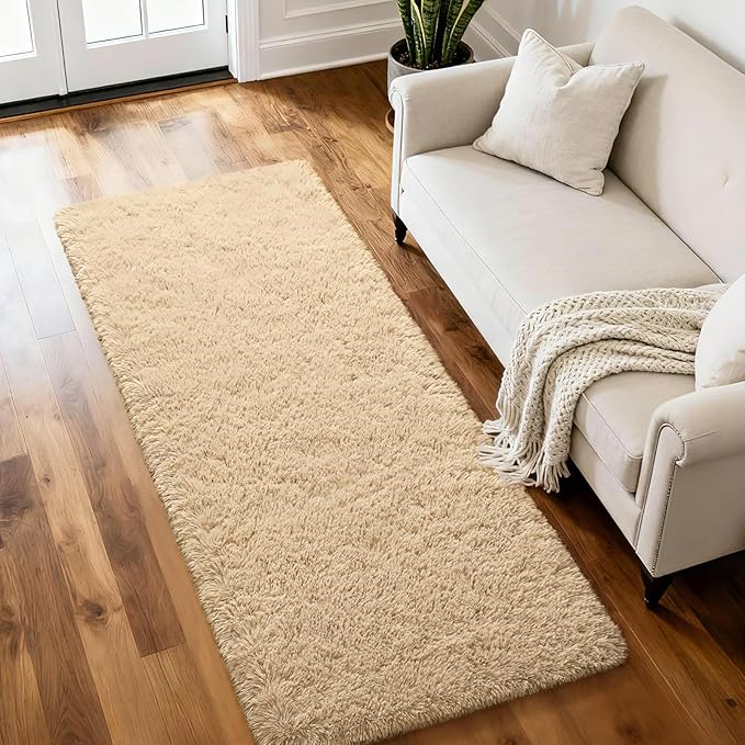 Merelax Soft Fluffy Rugs for Bedroom Living Room, 2x6 Hallway Runner Rugs, Furry Shag Bedside Area Rug Indoor Accent Floor Carpet, Plush Fuzzy Rug for Dorm Nursery Kids Room Decor, Beige
