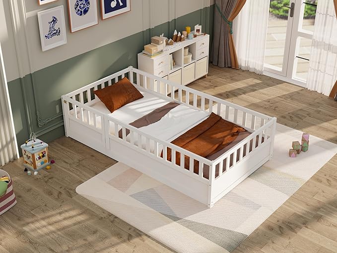 KEIKI Twin Montessori Floor Bed, Kids Floor Bedframe with Fence & Door, Children's Wood Bed for Living Room, White