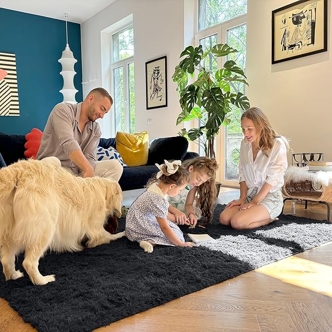 OLANLY 5x7 Machine Washable Large Area Rugs for Living Room, Bedroom, Soft Fluffy Shaggy Bedside Rug, Indoor Floor Carpet for Kids Girls and Boys, Dorms, Nursery, Home Decor Aesthetic, Black