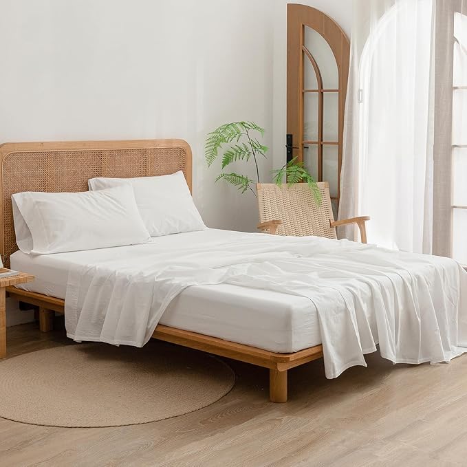 BESTOUCH Sheet Set 100% Washed Cotton Linen Feel Super Soft Comfortable Chic Lightweight 4 Pcs Home Bedding Set Solid Off White King