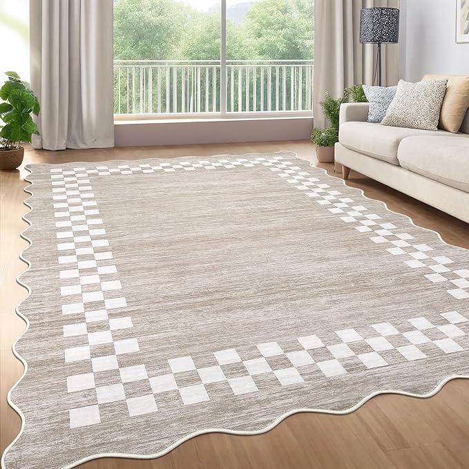 GarveeHome Area Rug 6x9 Large Living Room Modern Border Throw Rug with Rubber Backing Stain Resistant Dining Room Throw Carpet Washable Scalloped Rug for Bedroom Home Decor Office, Fog