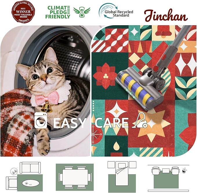 jinchan Christmas Rug 4x6 for Entryway Washable Christmas Living Room Rug Xmas Geometric Floor Mat Non-Slip Soft Throw Carpet Festive Red-Green Holiday Patch Decor for Bedroom Kitchen Bathroom