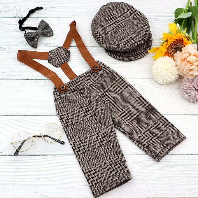 SPOKKI 4 Pcs Newborn Baby Photo Props, Lattice Rompers Suspender Pants with Beret Glasses Bow Tie for Infant Boys' Costumes, Newborn Boy Photography Outfit Set, Checked Fabric Gentleman Suit (Brown)