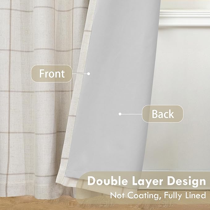DriftAway 2 Panels 100% Blackout Windowpane Plaid Linen Curtains Double Layer Drapes for Bedroom 90 Inches Long Farmhouse Thermal Insulated 3.25 Inch Rod Pocket Back Tab for Living Room Taupe