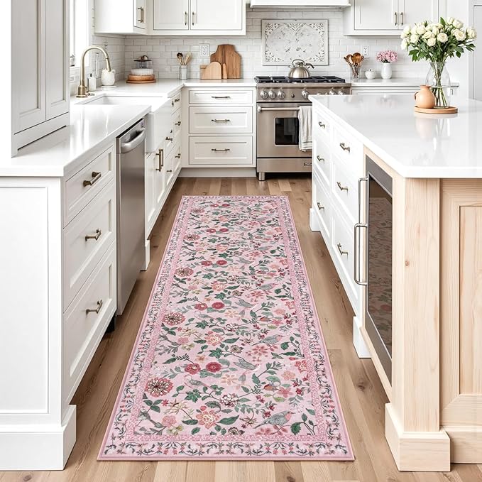 Pink Floral Runner Rug, 2x6 Washable Rug Runners for Hallways Non-Slip, Soft Low Pile Flower Birds Long Bathroom Mat Colorful Botanical Throw Carpet for Kitchen Laundry Entryway Porch