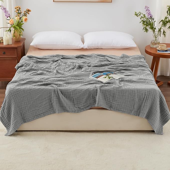Love's cabin 6 Layer 100% Cotton Muslin Blanket, 108"x90" Muslin King Size Blanket for Bed Couch, Lightweight and Breathable Cotton Gauze for Adult, Medium Grey