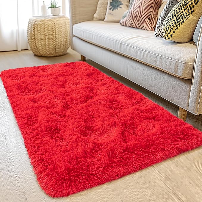 2x6 Fluffy Area Rug - Soft Shag Runner Rug for Bedroom - Non Slip Runner Living Room Rug Plush Carpet Runner Red