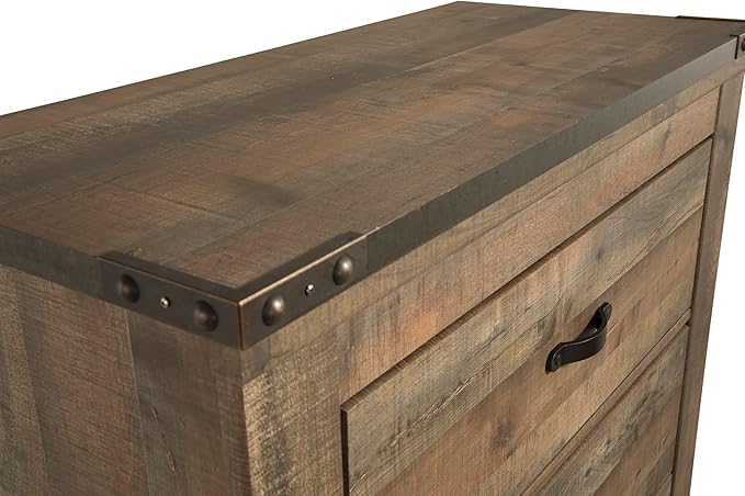 Signature Design by Ashley Trinell Rustic 5 Drawer Chest of Drawers with Nailhead Trim, Warm Brown