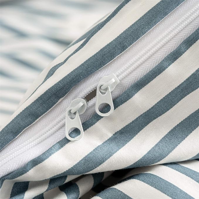 JELLYMONI 100% Natural Cotton 3pcs Striped Duvet Cover Sets,White Duvet Cover with Grayish Blue Stripes Pattern Printed Comforter Cover,with Zipper Closure & Corner Ties(King Size)