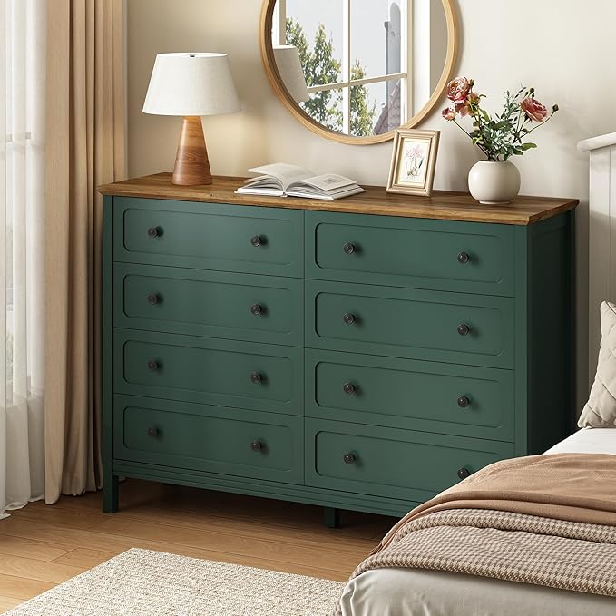 CARPETNAL Green Dresser for Bedroom, 55" Wide 8 Drawer Dresser with Metal Handles and Deep Drawers, Modern Large Wood Chest of Drawers for Living Room, Hallway.