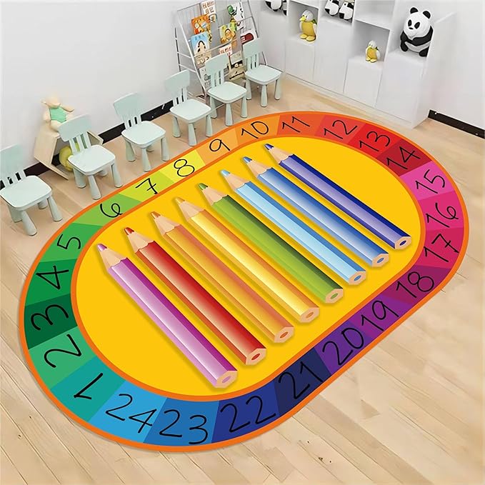 Colorful Kids Oval Rug, 3x5ft, Early Learning Education Play Mat for Learning Numbers, Soft Non-Slip Pens Design Rugs for Boys Girls Room Playroom Classroom Nursery Room